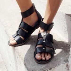 Madewell Rowan Black Gladiator Sandals Flat Leather Zip Back Bohemian Festival